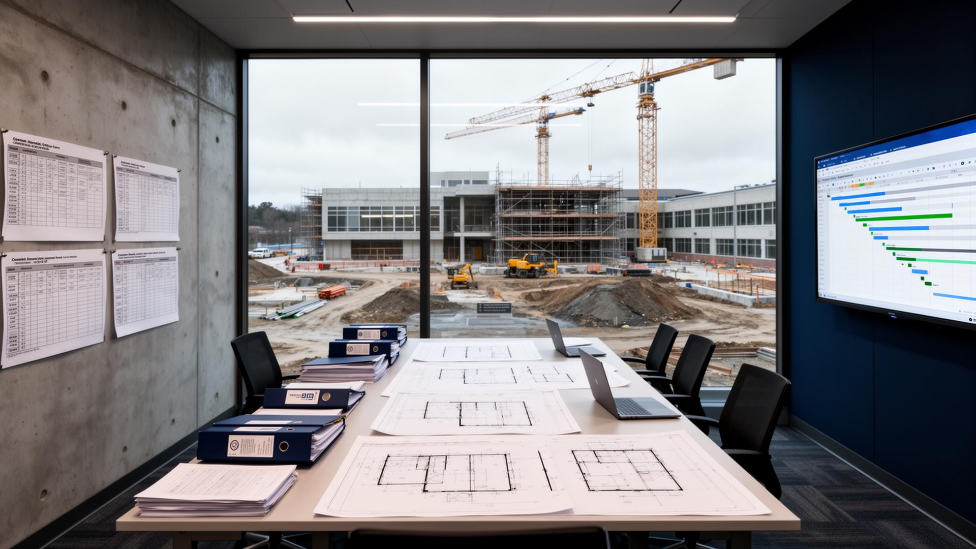 Construction management coordination room with blueprints and an active public-sector construction site visible through the windows